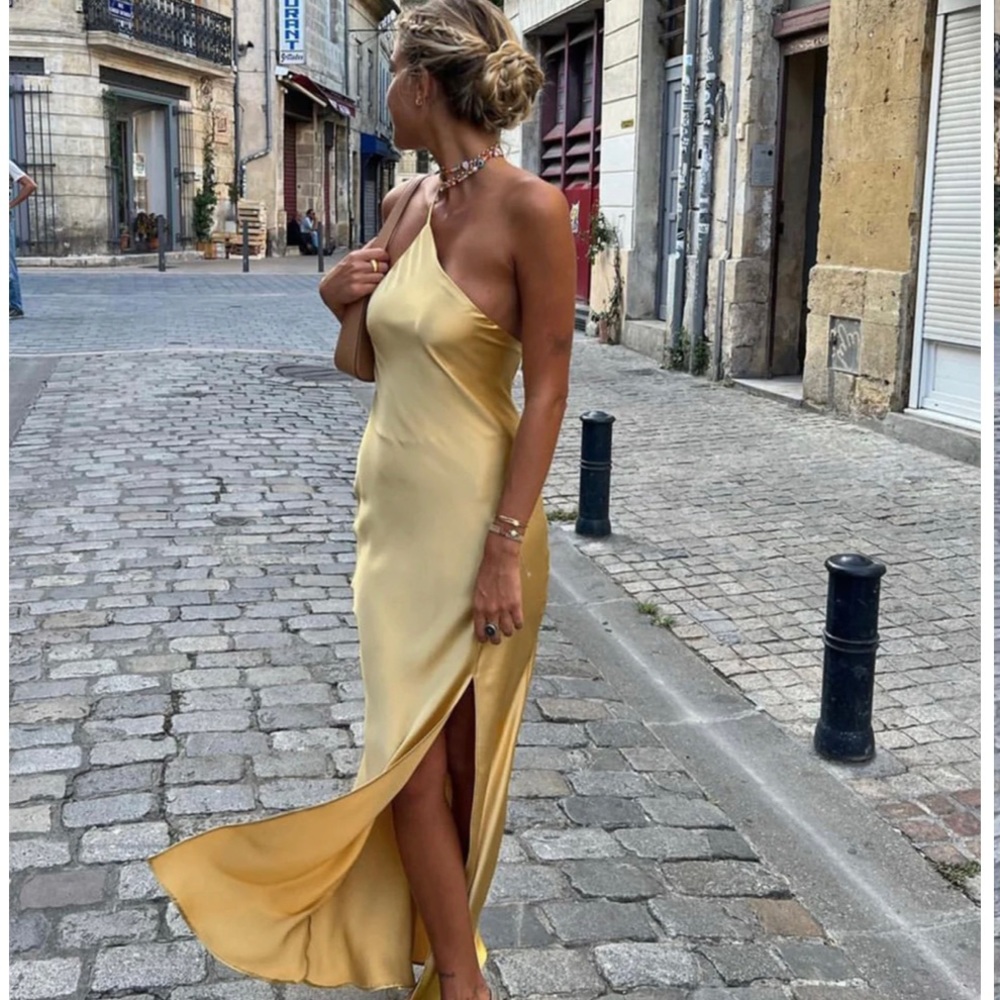 Commense Yellow Open Back Slit Satin Dress